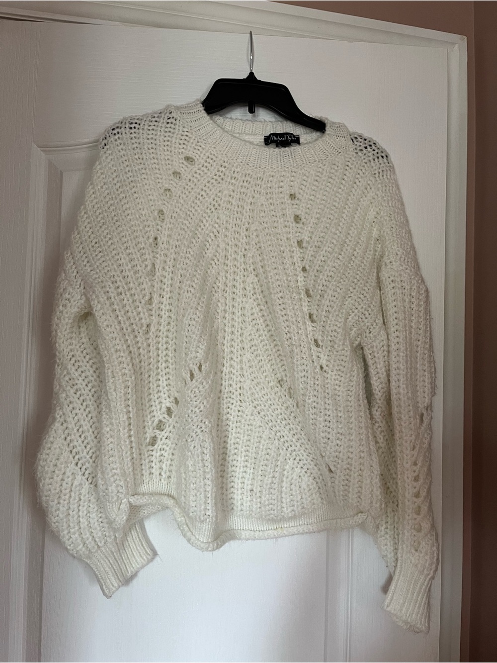 Michael Tyler  Women's Cream Open-Stitch Crewneck Sweater
